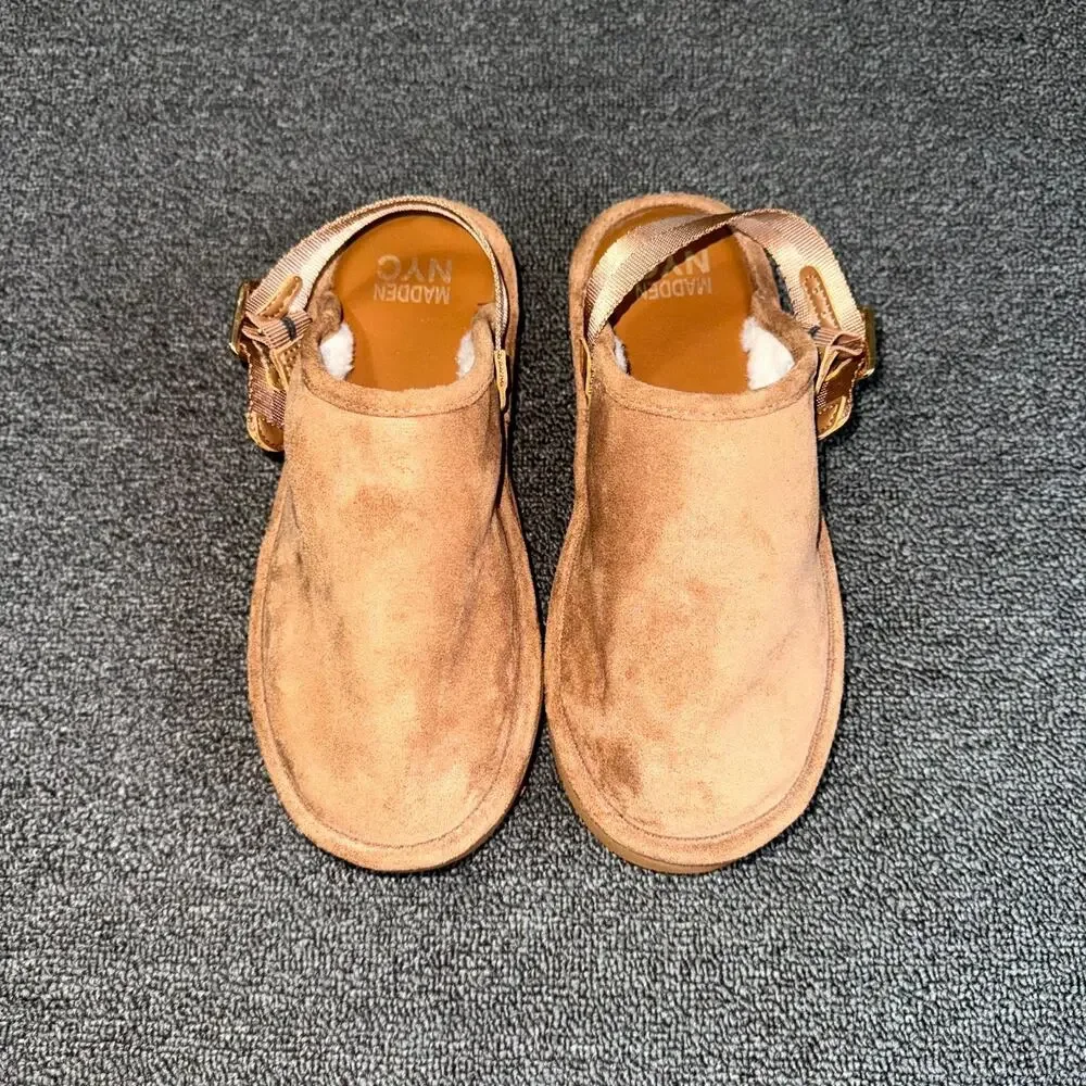 Madden NYC Platform Clogs Girl 3 Brown Suede Faux Shearling Lining Buckle Strap